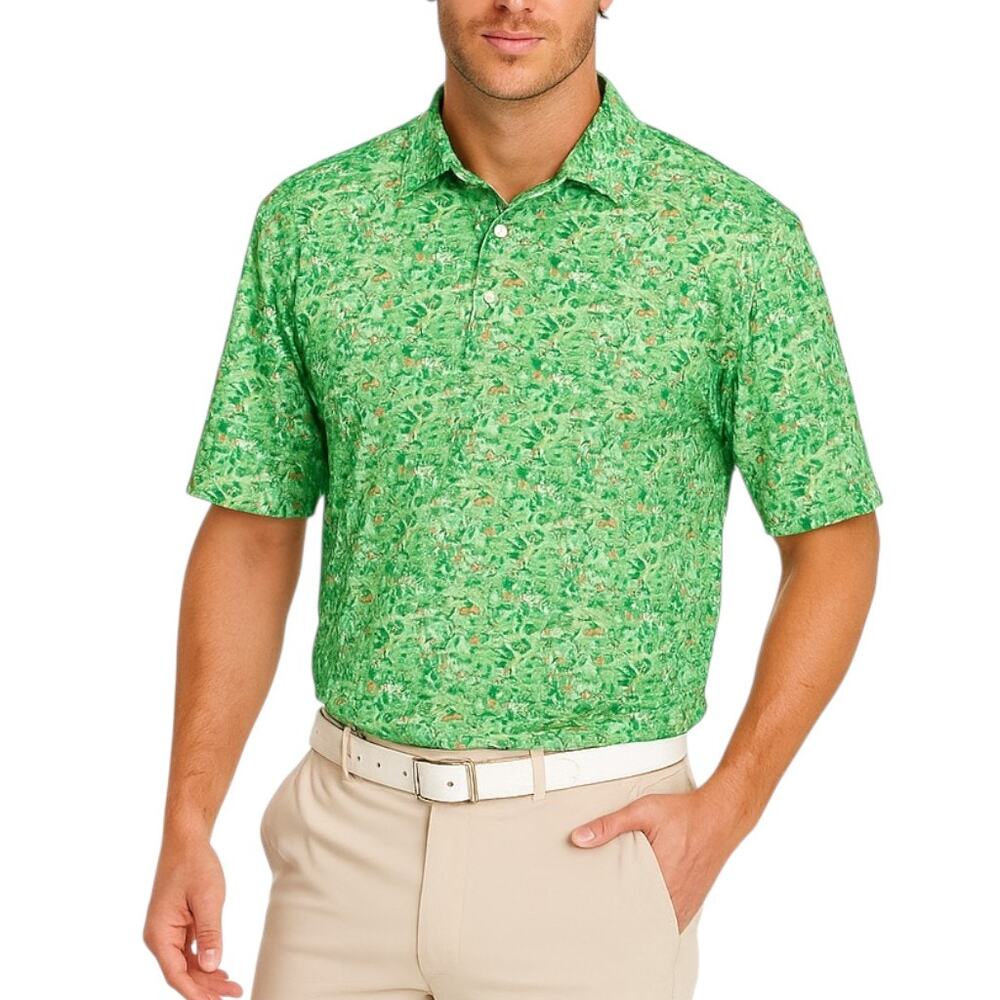 Birdie Threads Men's M Golf Polo Shirt‎ Green Grass Print Sporty Maximalist Bold